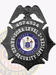 Featuring a custom metal badge in black color, this design highlights the title "SORA LEVEL 2" and includes a decorative emblem at the center that reads "STATE OF NEW JERSEY." The badge displays "ARMED SECURITY OFFICER" and is equipped with a safety pin attachment for convenient wear, making it ideal for security personnel.