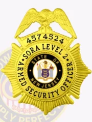 This elegant custom metal badge in gold color showcases the inscription "SORA LEVEL 2 ARMED SECURITY OFFICER" prominently displayed around a central emblem depicting New Jersey. The badge also features the unique identification number, 4574524, and includes a safety pin attachment for easy wear.