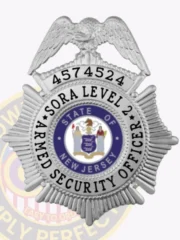An eye-catching custom metal badge in silver color, adorned with "SORA LEVEL 2" and "ARMED SECURITY OFFICER" prominently displayed around a round emblem representing the state of New Jersey. The badge features the identifier 4574524 and includes a safety pin attachment for secure placement.