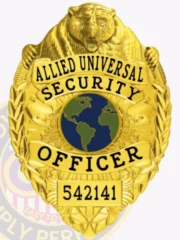 This stunning custom metal badge in gold color showcases a detailed bear design atop the badge, with "SECURITY OFFICER" clearly visible beneath. The central globe motif represents worldwide security, and the badge features a safety pin attachment for easy wearing, along with the identifier 542141.