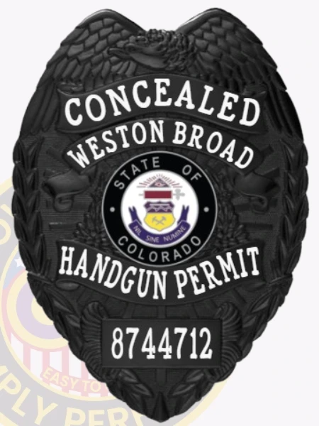 This image displays a polished custom metal badge in black, adorned with decorative elements including the state seal. The inclusion of a safety pin attachment provides a practical option for individuals needing to showcase their identification while maintaining professionalism.