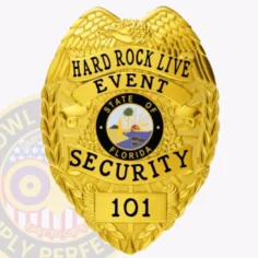This striking custom metal badge in gold color stands out with its bold "hard rock live event security" inscription and an emblem representing florida. The badge is marked with the number 101 and features a safety pin attachment, ensuring it can be securely worn during events at the hard rock live venue.