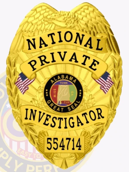 An elegant custom metal badge in gold color with a safety pin attachment, featuring ornate details and the inscription "NATIONAL PRIVATE INVESTIGATOR." The badge includes the Alabama seal and decorative elements, symbolizing authority and expertise in private investigations.