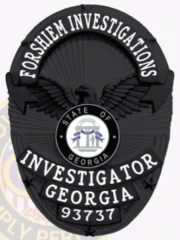 A bold custom metal badge in black color with a safety pin attachment, prominently displaying "FORSHIEM INVESTIGATIONS." The badge features an eagle emblem and the Georgia state seal, emphasizing its professional design and authority for investigators.