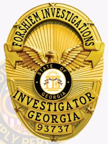 An elegant custom metal badge in gold color with a safety pin attachment, displaying the text "FORSHIEM INVESTIGATIONS." The badge features ornate designs, including an eagle and the Georgia state seal, symbolizing professionalism and expertise in the field.