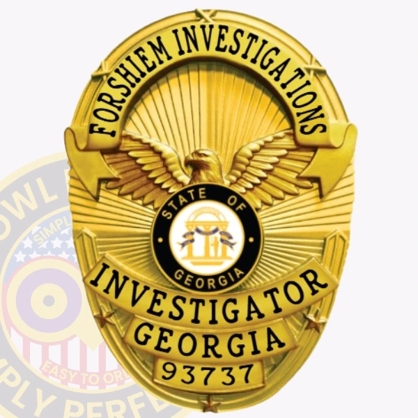 A detailed image of a custom metal badge in gold color with a safety pin attachment, highlighting "INVESTIGATOR GEORGIA 93737." This badge's refined design includes an eagle and decorative elements, showcasing its importance for private investigators.