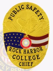 A polished custom metal badge in gold color equipped with a safety pin attachment, featuring "PUBLIC SAFETY" prominently at the top. The badge includes a central eagle design and the flags of Texas and the U.S., along with "ROCK HARBOR COLLEGE" and "CHIEF" for clear identification of rank.