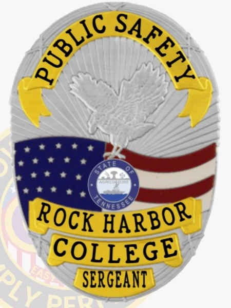 A striking custom metal badge in silver color with gold panels and a safety pin attachment, prominently displaying "PUBLIC SAFETY" at the top. The badge features an eagle design along with the flags of the United States and Tennessee, and includes "ROCK HARBOR COLLEGE" and the title "SERGEANT" at the bottom, symbolizing leadership in campus safety.