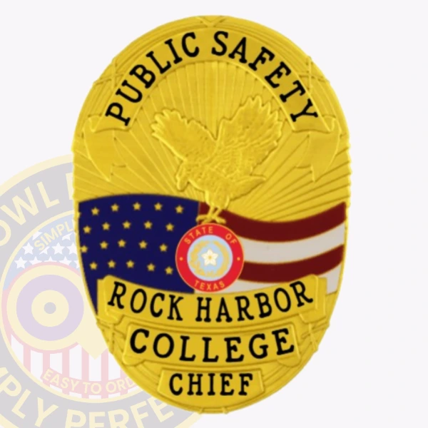 A distinctive custom metal badge in gold color with a safety pin attachment designed for the Chief of Public Safety at Rock Harbor College. The badge prominently features "PUBLIC SAFETY," alongside an eagle and flag design, showcasing its dedication to ensuring safety on campus.