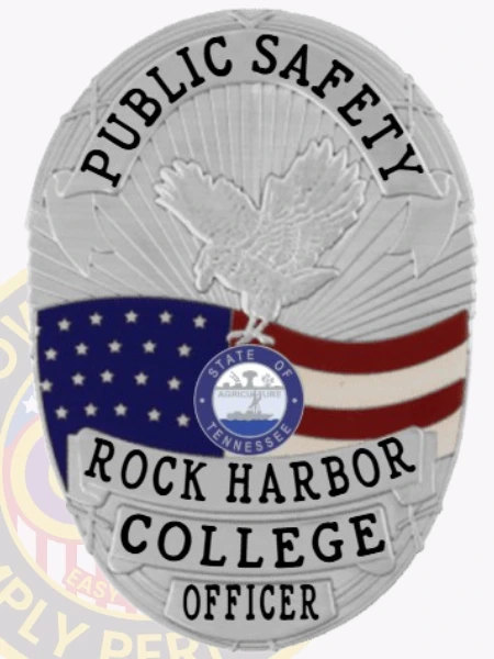 This custom metal badge in silver color with a safety pin attachment showcases "PUBLIC SAFETY" in bold lettering. The intricate design includes an eagle and the state emblem of Tennessee, along with "ROCK HARBOR COLLEGE OFFICER," emphasizing authority within campus security.
