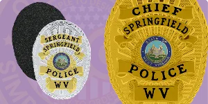 An image showcasing two flex badges: a silver badge labeled 'Sergeant Springfield Police WV' on the left and a gold badge labeled 'Chief Springfield Police WV' on the right. This visual representation highlights how to order custom flex badges, featuring intricate designs and vibrant colors that add authority and personalization to any uniform.