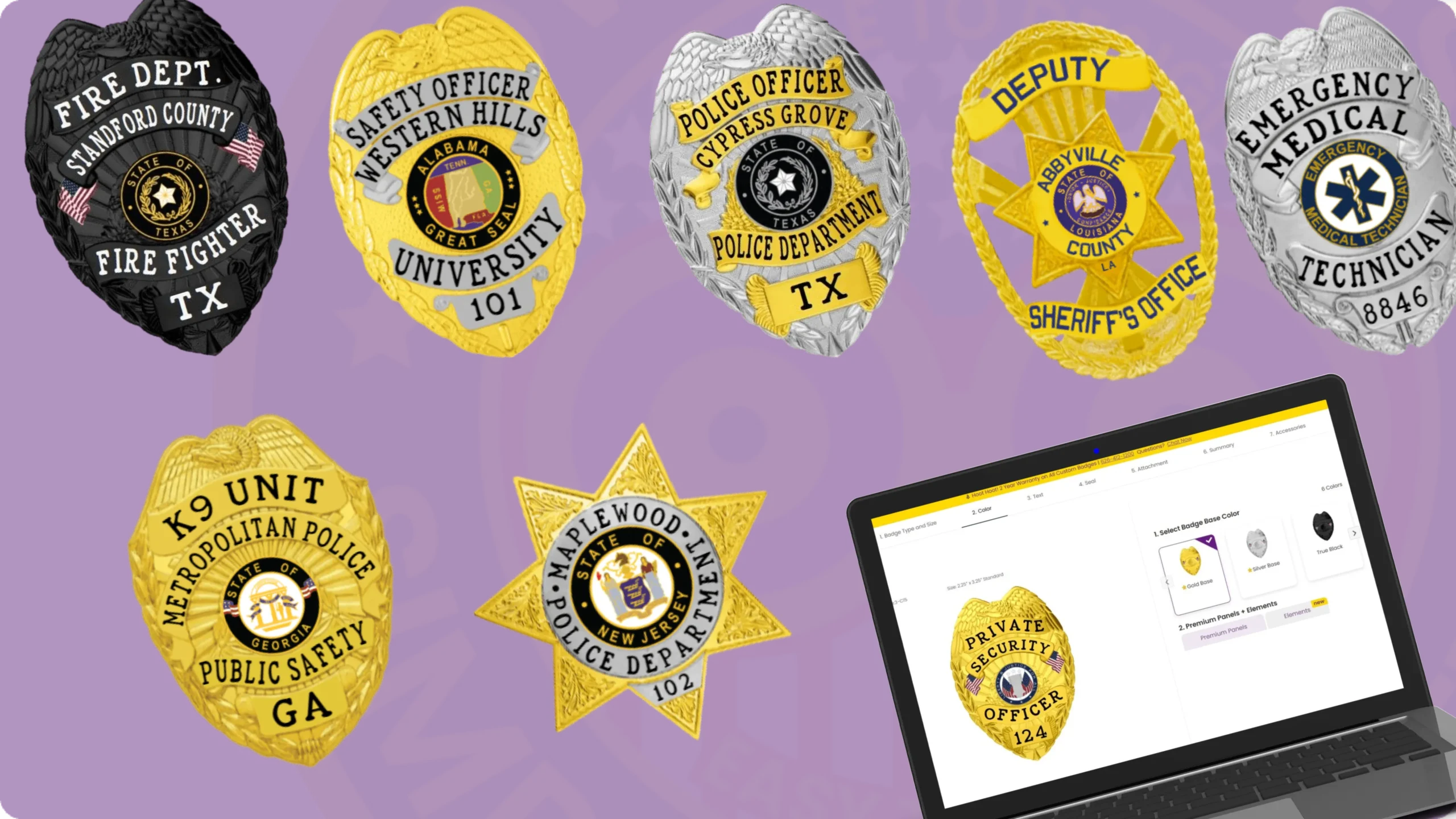 A vibrant collage displaying various custom metal badges and patches, including a black firefighter badge, police officer badges in silver and gold, a sheriff's star, and an emergency medical technician badge. In the foreground, a laptop shows the ordering process with options for badge color and customization. This visual guide illustrates how to order custom metal badges and patches for your agency or organization, highlighting the diverse designs available for different roles.