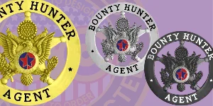 Three distinct bounty hunter badges showcasing different finishes: a gold badge labeled 'Bounty Hunter Agent,' a silver version with the same title, and a black badge emphasizing the 'Bounty Hunter Agent' designation. Each badge features intricate designs, including an eagle emblem and a colorful star, illustrating options on how to buy bounty hunter badges online.