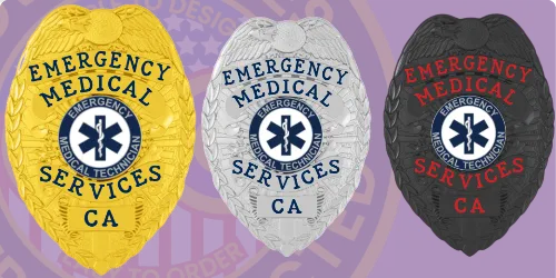 Three custom EMT badges displayed in different finishes: a vibrant gold badge, a polished silver badge, and a sleek black badge. Each badge prominently features the text 'Emergency Medical Services' with 'CA' at the bottom and includes the emblem of the Emergency Medical Technician star of life. This image illustrates how to buy custom EMT badges and emergency medical technician badges, as well as options to buy EMS badges online.