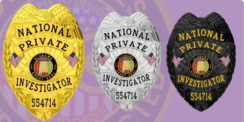 Three custom private investigator badges in various finishes: a vibrant gold badge, a sleek silver badge, and a classic black badge. Each badge prominently features the title 'National Private Investigator' along with the unique number '554714' and an emblem depicting the Alabama state seal. This image illustrates how to buy custom private investigator badges online for detectives.