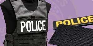 An informative graphic showcasing 'How to order custom ID Patches.' The image features a black tactical vest with a prominent 'POLICE' patch displayed on the front. Next to the vest, there is a close-up of a textured black patch, indicating its versatility for attachment. The background is purple, enhancing visibility and emphasizing the importance of custom ID patches for law enforcement and security personnel.