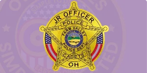 An informative graphic illustrating 'How to order custom Junior Sticker Badges.' The image features a vibrant badge in the shape of a star, labeled 'JR OFFICER' at the top. The badge includes the text 'FARM VALLEY POLICE DEP.' and 'CADET' at the bottom, with a colorful emblem depicting a landscape in the center. The badge is set against a purple background, highlighting its design and appeal for those interested in ordering custom junior sticker badges.