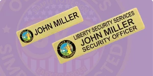 n illustrative image showing 'How to order Custom Metal Name Tags.' The image features two distinct metal name tags. The first tag displays 'JOHN MILLER' prominently, while the second tag includes 'LIBERTY SECURITY SERVICES' along with 'JOHN MILLER SECURITY OFFICER.' Each tag has a colorful emblem on the left side, set against a purple background that enhances their visibility and appeal for custom name tag orders.
