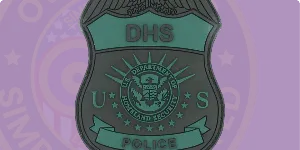 An informative graphic illustrating 'How to order PVC Rubber Patches.' The image features a detailed PVC patch shaped like a police badge, labeled 'DHS U.S. POLICE' at the bottom. The badge has an embossed design with stars and an eagle at the top, showcasing its durable rubber material and vibrant colors. The patch is set against a purple background, emphasizing its professional appearance and suitability for custom orders.