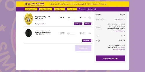 Online shopping cart page for purchasing security officer badges, displaying a gold custom badge labeled 'Private Security Officer' and a black badge holder. Includes detailed item descriptions, quantities, pricing, and a summary of the total cost with a prominent 'Proceed to Checkout' button for buying and ordering your custom badge with ease.