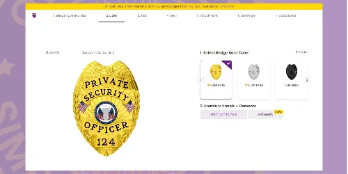 Online badge customization interface showcasing a gold 'Private Security Officer 124' badge with American flag accents. Users can select badge base colors, including gold, silver, and black, and personalize additional features. The platform emphasizes the ability to customize and personalize security officer badges with ease.