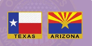 A vibrant graphic illustrating 'How to order Custom State Flag Patches.' The image features two distinct state flag patches: the left patch displays the Texas state flag with a bold blue stripe and a star, labeled 'TEXAS' at the bottom. The right patch showcases the Arizona state flag with rays radiating from a central star, labeled 'ARIZONA.' Both patches are set against a purple background, highlighting their unique designs and appealing to users interested in custom patch options.