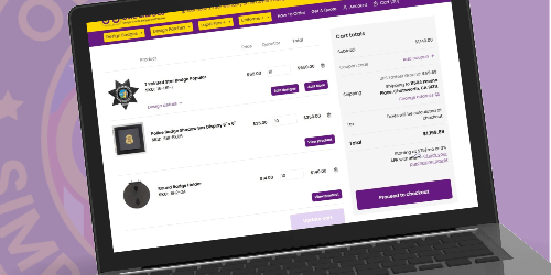 A laptop screen displaying the Owl Badges website featuring a collection of Custom Bail Enforcement Agent Badges with optional badge holders. The product listings include badge images, detailed descriptions, pricing, and customization options to help users decide when to buy custom bail enforcement agent badges with badge holders for professional use. The site’s bold purple and yellow design ensures a seamless shopping experience