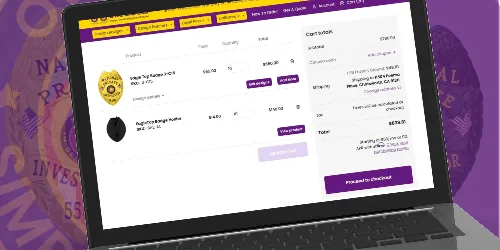 A laptop screen displaying the Owl Badges website featuring Custom Private Investigator Badges available online for detectives. The webpage presents badge images, detailed descriptions, and pricing options, guiding users on when to buy personalized private investigator badges for professional detective work. The bold purple and yellow interface ensures a streamlined and accessible shopping experience
