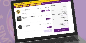 A laptop screen displaying an online shopping interface for custom sheriff badges and deputy badges. The interface shows a list of badge options, including a gold star badge and a black badge, with detailed descriptions and prices for each. Users can see buttons for adding items to their cart and options for further customization. The background features a vibrant purple color, enhancing the visibility of the items listed. This image illustrates when to buy custom sheriff badges and design, create, build, and order personalized sheriff badges and deputy sheriff badges online through an accessible e-commerce platform.