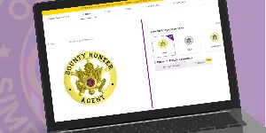 A laptop screen presenting an online customization platform for designing and ordering bounty hunter badges. The main badge displayed is circular with a rich gold finish, featuring ornate detailing, a red emblem at the center, and bold text reading 'Bounty Hunter Agent' around the perimeter. On the right side of the screen, users can see options for badge shapes, text customization, and design preferences. This image highlights where to buy bounty hunter badges using a convenient and visually engaging online tool for personalized badge creation.