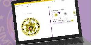 A laptop screen displaying an online badge design tool for creating custom Fugitive Recovery Agent badges. The featured badge is a circular gold design with intricate detailing, including an eagle emblem at the center and bold text reading 'Fugitive Recovery Agent' surrounding it. The interface on the right offers customization options such as badge styles, text layouts, and additional personalization features. This image illustrates where to buy custom Fugitive Recovery Agent badges through a seamless and professional online badge customization platform.