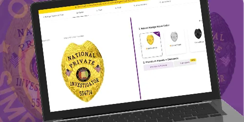 A laptop screen displaying an online design tool for creating custom Private Investigator badges for detectives. The showcased badge is oval-shaped with a polished gold finish, featuring bold black text reading 'National Private Investigator' along with a badge number '554714.' At the center, a striking emblem adds professional detail, surrounded by subtle patriotic imagery of American flags. On the right side of the interface, users can select badge colors, including silver and black options, and personalize further with premium features. This image highlights where to buy custom Private Investigator badges for detectives through a streamlined online customization platform.