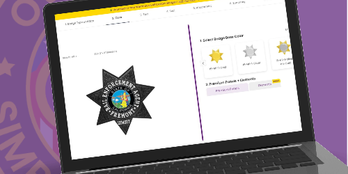 A laptop screen displaying an online badge customization tool for creating custom Bail Enforcement Agent badges. The featured badge has a bold black seven-point star design with a colorful globe emblem at its center, surrounded by white text that reads 'Bail Enforcement Agent' and additional details below. On the right side of the interface, users can select badge designs, colors, and premium finish options for further personalization. This image effectively showcases where to buy custom Bail Enforcement Agent badges online with an easy-to-use and professional design platform.
