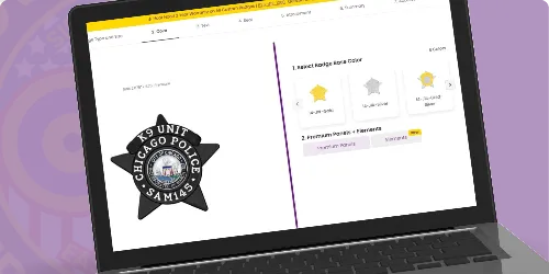 A laptop screen displaying an online customization tool for creating custom K9 badges and police canine badges. The featured badge is a black star design with a central circular emblem that reads 'K9 UNIT CHICAGO POLICE' along with the name 'SAM143' at the bottom. This badge features a professional appearance, tailored for canine officers. On the right side of the interface, users can choose badge colors, including options like gold and silver, as well as premium finishes for further personalization. This image illustrates where to buy custom K9 badges and customize police canine badges through a convenient online platform.