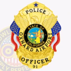 This striking custom metal badge in gold color stands out with its bold "police oxnard airport" inscription and an emblem representing california. The badge is marked with the number 91 and features a safety pin attachment, ensuring it can be securely worn during official duties at the airport.