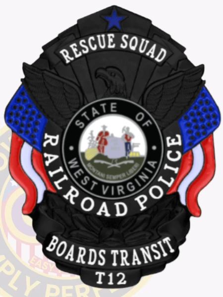 A sleek custom metal badge in black, shaped like a shield with detailed engravings. The badge prominently features "RESCUE SQUAD" at the top in bold white lettering, followed by "RAILROAD POLICE." In the center, the state seal of West Virginia is displayed within a circular design, depicting two figures with a scenic background. Flanking the seal are decorative blue stars and red ribbons. Below the seal, "BOARDS TRANSIT" is inscribed, along with the designation "T12" at the bottom. The matte black finish of this custom metal badge in black enhances its professional appearance, symbolizing authority and dedication in law enforcement.