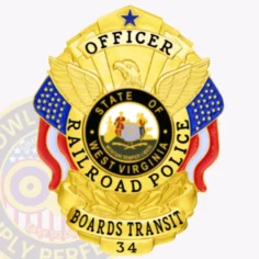A radiant custom metal badge in gold, shaped like a shield with intricate detailing. The badge features "officer" at the top in bold letters, followed by "railroad police. " in the center, the state seal of west virginia is displayed within a circular design, surrounded by decorative wings and blue stars. Below the seal, "boards transit" is prominently inscribed, along with the number "34" at the bottom. The shiny gold finish of this custom metal badge in gold enhances its authority and professionalism, representing pride in law enforcement.