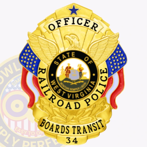 A radiant custom metal badge in gold, shaped like a shield with intricate detailing. The badge features "OFFICER" at the top in bold letters, followed by "RAILROAD POLICE." In the center, the state seal of West Virginia is displayed within a circular design, surrounded by decorative wings and blue stars. Below the seal, "BOARDS TRANSIT" is prominently inscribed, along with the number "34" at the bottom. The shiny gold finish of this custom metal badge in gold enhances its authority and professionalism, representing pride in law enforcement.