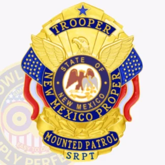 Close up of a custom metal badge in gold with reverse enamel panels, showcasing intricate details including an eagle and vibrant blue accents. The badge prominently displays the words 'TROOPER' and 'NEW MEXICO PROPER,' along with the state seal and 'MOUNTED PATROL SRPT' at the base, highlighting its personalized design.