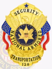 An intricate view of a custom metal badge in gold color with safety pin attachment, highlighting the eagle motif and the number "128." The polished finish and detailed design enhance its significance and professional look.