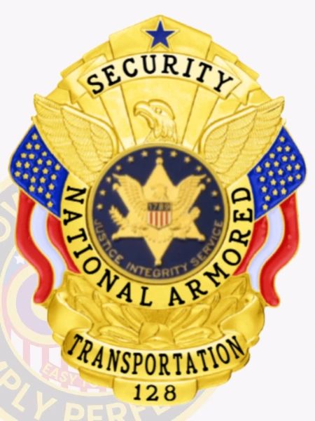 An intricate view of a custom metal badge in gold color with safety pin attachment, highlighting the eagle motif and the number "128." The polished finish and detailed design enhance its significance and professional look.