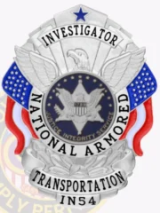 This custom metal badge in silver color includes a safety pin attachment, showcasing a detailed eagle design. The title "INVESTIGATOR" is prominently featured above the central emblem, while "NATIONAL ARMORED TRANSPORTATION" surrounds the badge, framed by bold red and blue elements that signify professionalism and integrity.