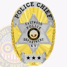 Sleek Oval Shield With 6 Point Star Center, Starburst Background, 6 Text Panels, Braid Border 4 Custom oval gold metal badge for eastwood police chief showcasing a polished gold sunburst background with an embossed silver six-point star framing the kentucky state seal in color, silver scroll at top labeled police chief, eastwood police department text inside star points, and a silver plaque with three black stars near the base, fastened by safety pin.
