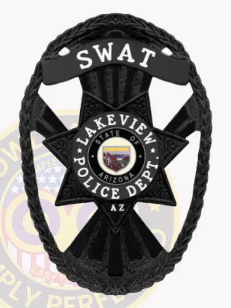 This custom metal badge in black showcases a classic star design with intricate detailing. The word "SWAT" is elegantly displayed at the top in white. In the center, the badge features the Lakeview Police Department emblem, encircled by the phrase "STATE OF ARIZONA" and the department name, all in white, making it easily recognizable. A safety pin attachment is included for practical use.