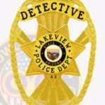 Modern Oval Shield Badge with 6 Point Star Center, Ray Background, 4 Text Panels, Braid Edge view 2