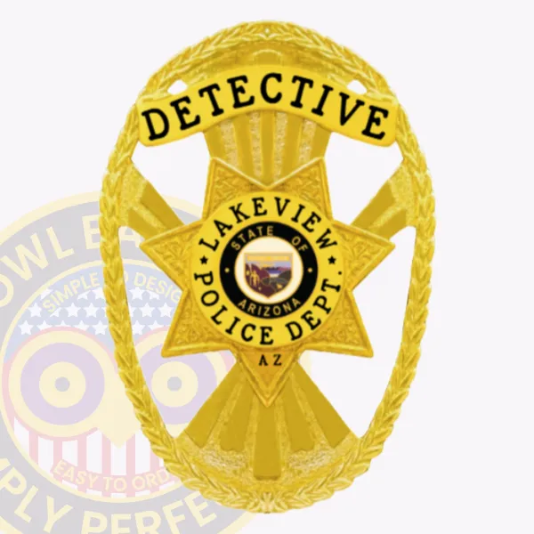 This stylish custom metal badge in gold presents a traditional star shape, enhanced by detailed etching and a brilliant finish. The top section reads "DETECTIVE" in prominent black font. Centrally located is the Lakeview Police Department seal, framed by "STATE OF ARIZONA" and "LAKEVIEW POLICE DEPT." in black, enhancing its authority. A durable safety pin attachment allows for easy wear.