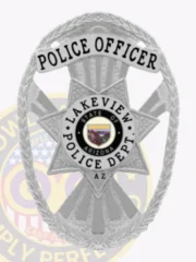 This elegant custom metal badge in silver showcases a distinctive star shape adorned with detailed engraving. The words "POLICE OFFICER" are showcased at the top in bold black letters. In the center, the Lakeview Police Department insignia is encircled by "STATE OF ARIZONA" and "LAKEVIEW POLICE DEPT." in black, making it easily recognizable. It comes equipped with a safety pin attachment for reliable fastening.