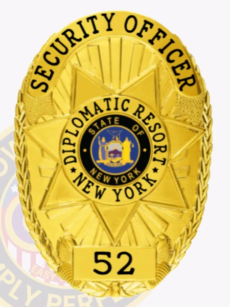 This custom metal badge in gold color showcases the designation "SECURITY OFFICER" prominently at the top, framed by a detailed star motif. In the center, "DIPLOMATIC RESORT" and "STATE OF NEW YORK" are displayed, contributing to its authoritative look. The badge has the number "52" at the base and comes equipped with a safety pin attachment for practical use.