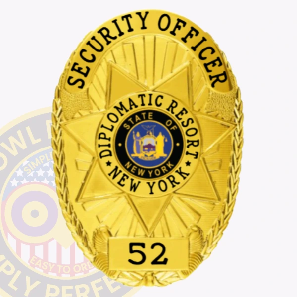Close up view of a custom metal badge in gold color prominently displaying "SECURITY OFFICER" at the top, surrounded by a decorative star pattern. The badge features "DIPLOMATIC RESORT" and "STATE OF NEW YORK" in the center, enhancing its authoritative look. Marked with the number "52," it includes a safety pin attachment for reliable fastening.