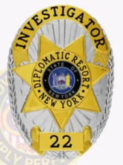 This striking custom metal badge in silver color is adorned with gold panels, displaying a star shape. The badge reads "INVESTIGATOR" and includes the State of New York emblem, numbered "22" at the bottom, secured by a safety pin for convenient attachment.